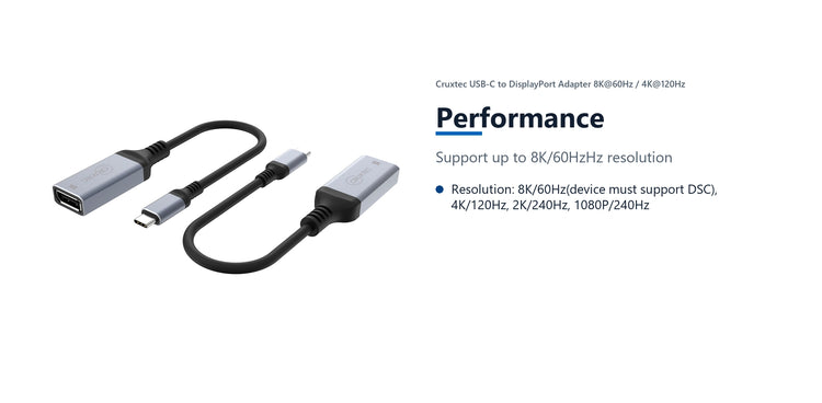 Cruxtec USB-C to DisplayPort Adapter 8K@60Hz / 4K@120Hz (Space Grey 15cm) performance detail image with verified product information