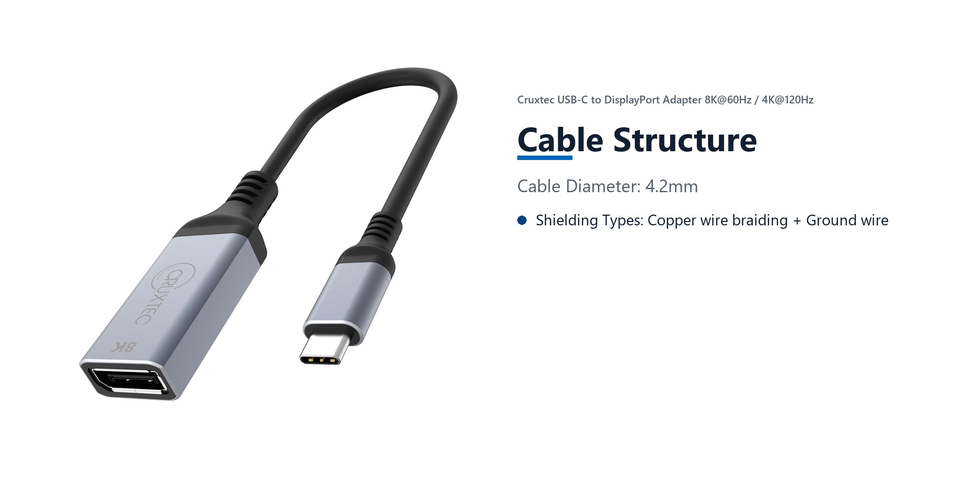 Cruxtec USB-C to DisplayPort Adapter 8K@60Hz / 4K@120Hz (Space Grey 15cm) cable structure detail image with verified product information