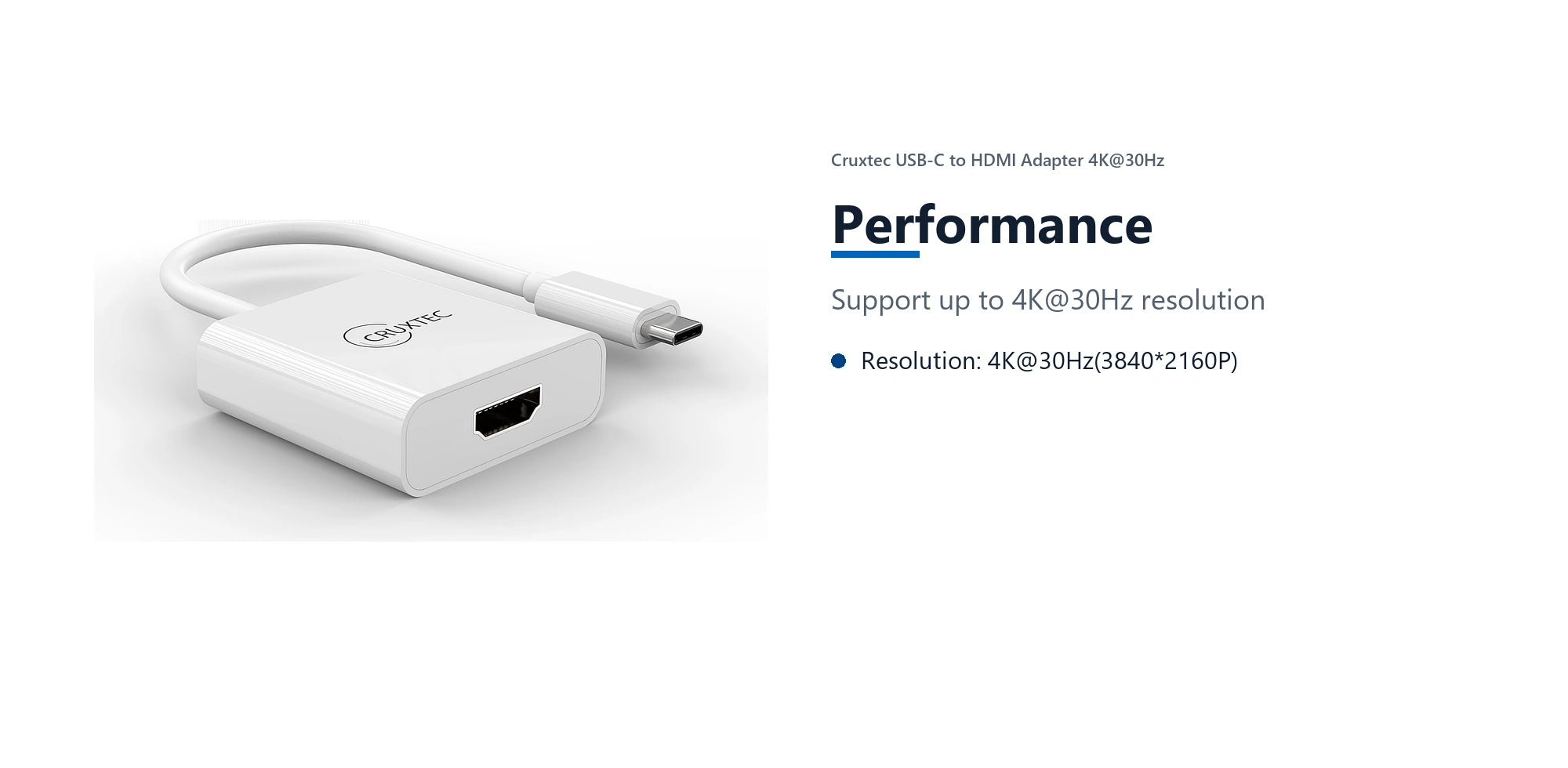 Cruxtec USB-C to HDMI Adapter 4K@30Hz (White 15cm) performance detail image with verified product information