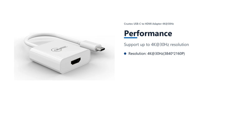 Cruxtec USB-C to HDMI Adapter 4K@30Hz (White 15cm) performance detail image with verified product information