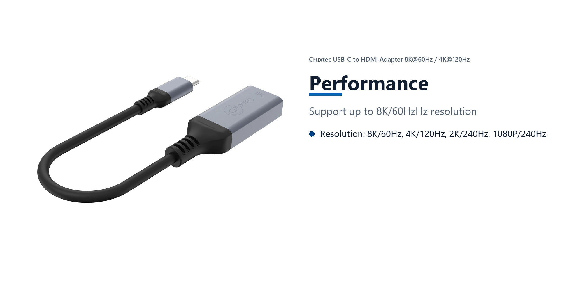 Cruxtec USB-C to HDMI Adapter 8K@60Hz / 4K@120Hz (Space Grey 15cm) performance detail image with verified product information