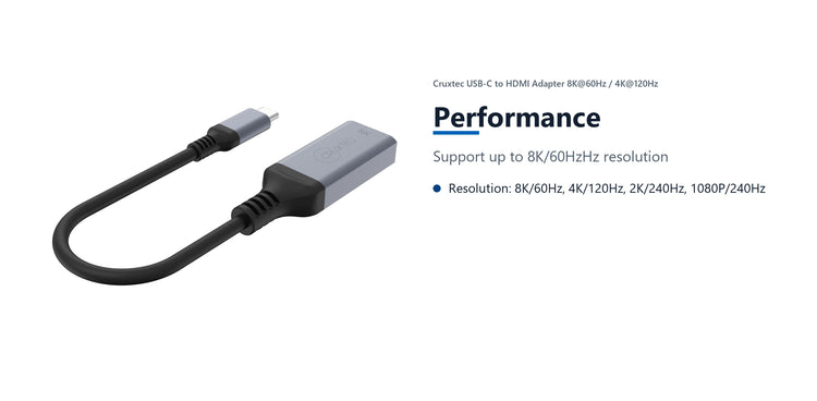 Cruxtec USB-C to HDMI Adapter 8K@60Hz / 4K@120Hz (Space Grey 15cm) performance detail image with verified product information