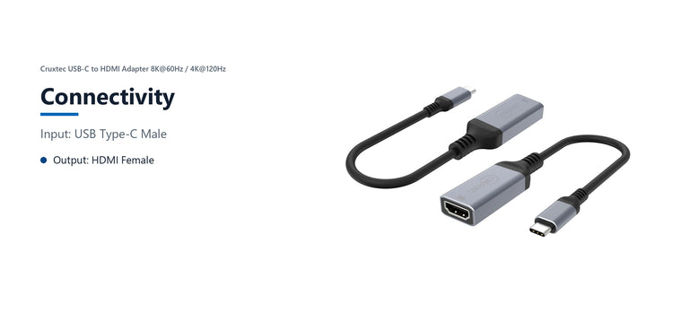 Cruxtec USB-C to HDMI Adapter 8K@60Hz / 4K@120Hz (Space Grey 15cm) connectivity detail image with verified product information