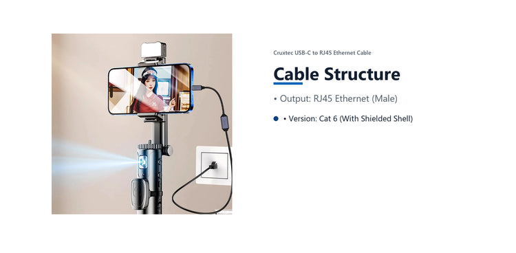 Cruxtec USB-C to RJ45 Ethernet Cable (Black 2m) cable structure detail image with verified product information