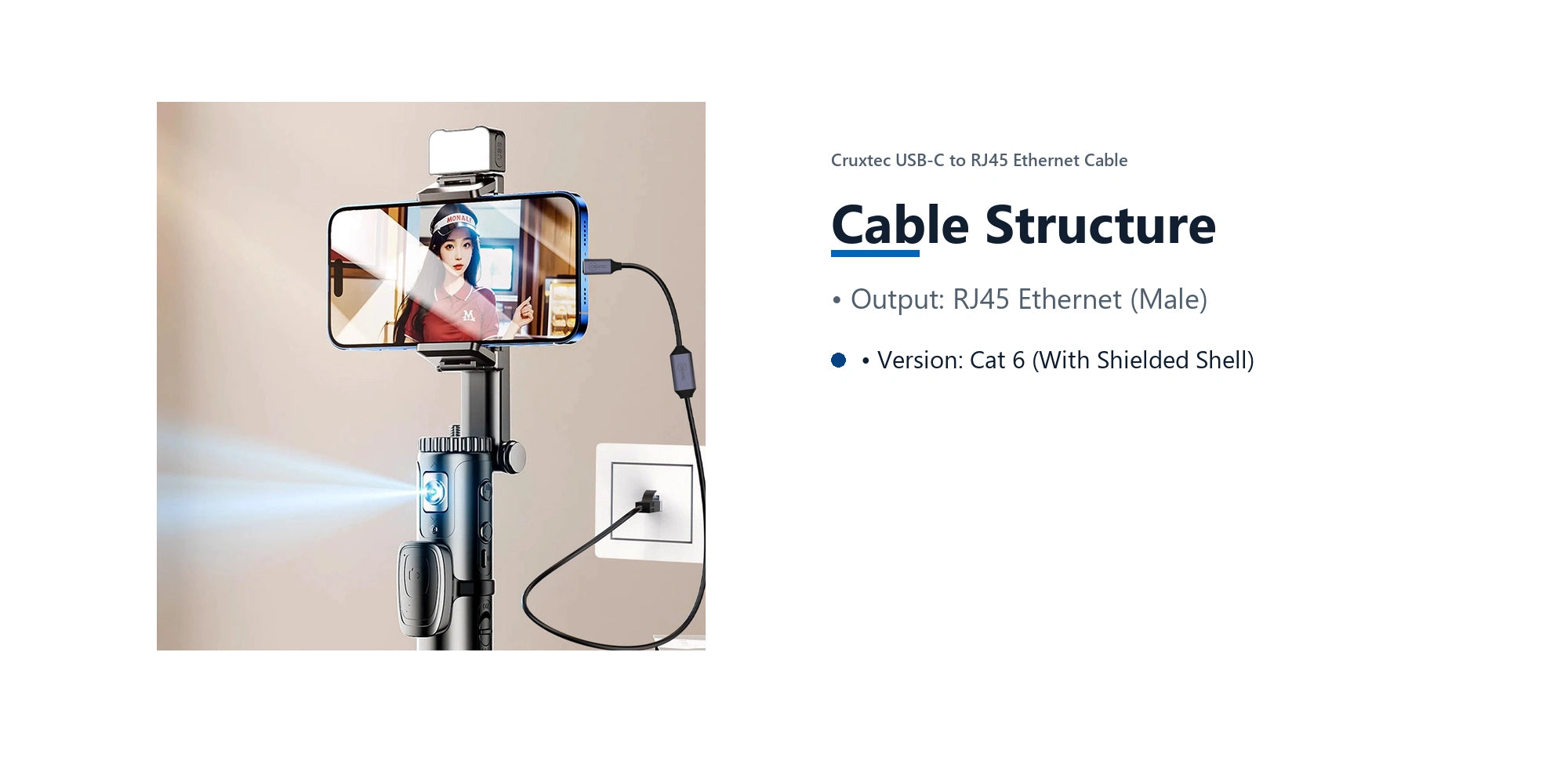 Cruxtec USB-C to RJ45 Ethernet Cable (Black 3m) cable structure detail image with verified product information
