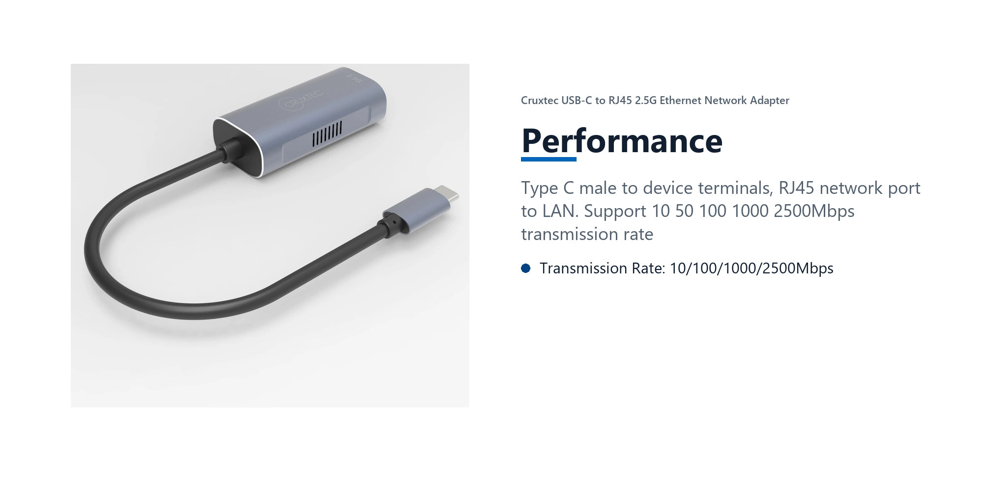 Cruxtec USB-C to RJ45 2.5G Ethernet Network Adapter performance detail image with verified product information