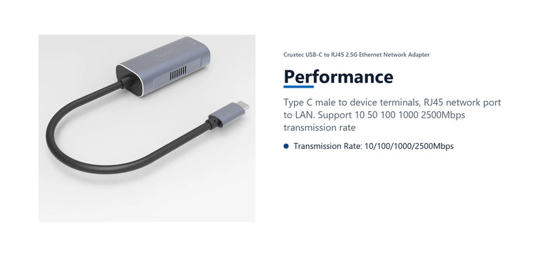Cruxtec USB-C to RJ45 2.5G Ethernet Network Adapter performance detail image with verified product information