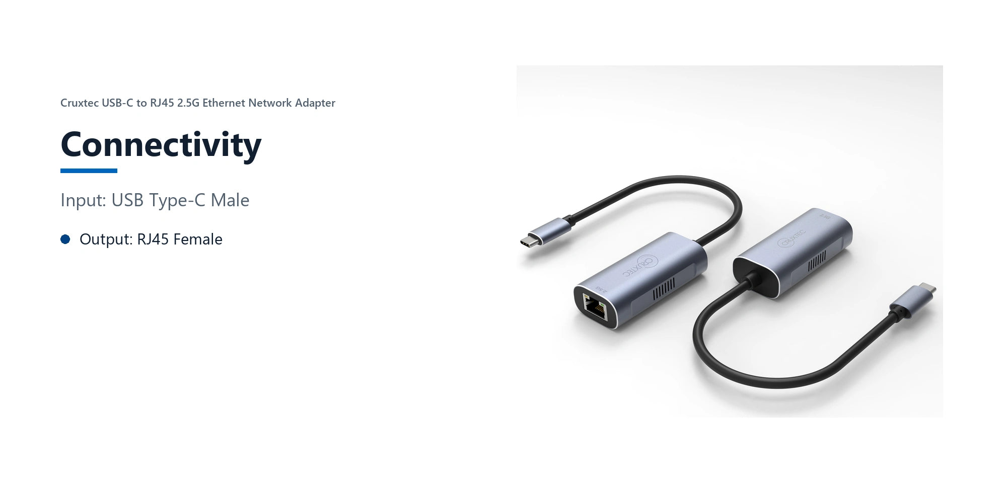 Cruxtec USB-C to RJ45 2.5G Ethernet Network Adapter connectivity detail image with verified product information