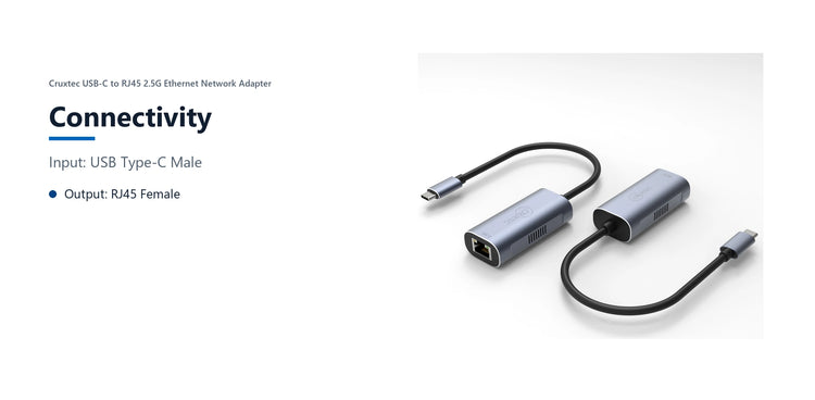 Cruxtec USB-C to RJ45 2.5G Ethernet Network Adapter connectivity detail image with verified product information
