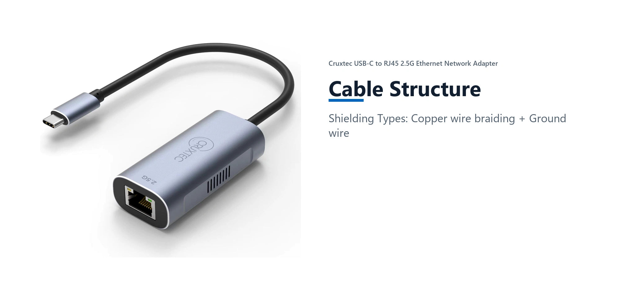 Cruxtec USB-C to RJ45 2.5G Ethernet Network Adapter cable structure detail image with verified product information