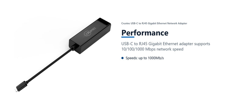 Cruxtec USB-C to RJ45 Gigabit Ethernet Network Adapter performance detail image with verified product information