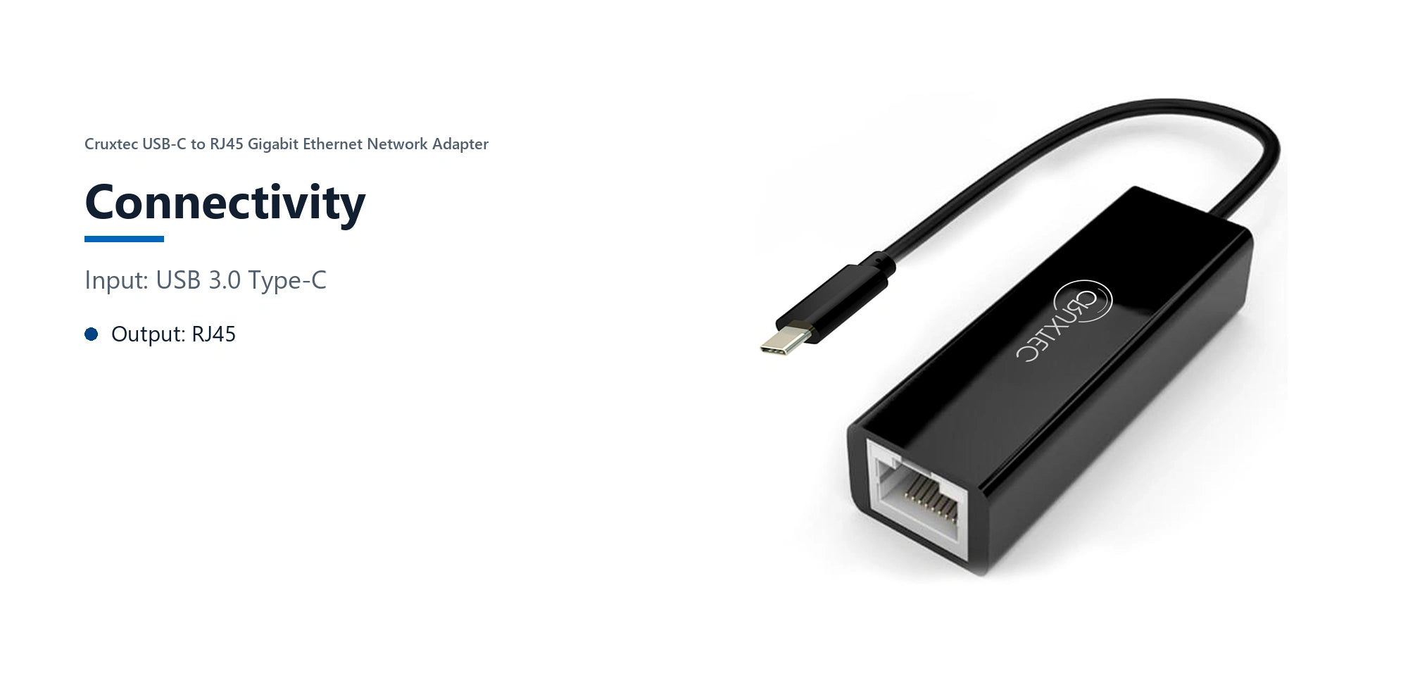 Cruxtec USB-C to RJ45 Gigabit Ethernet Network Adapter connectivity detail image with verified product information