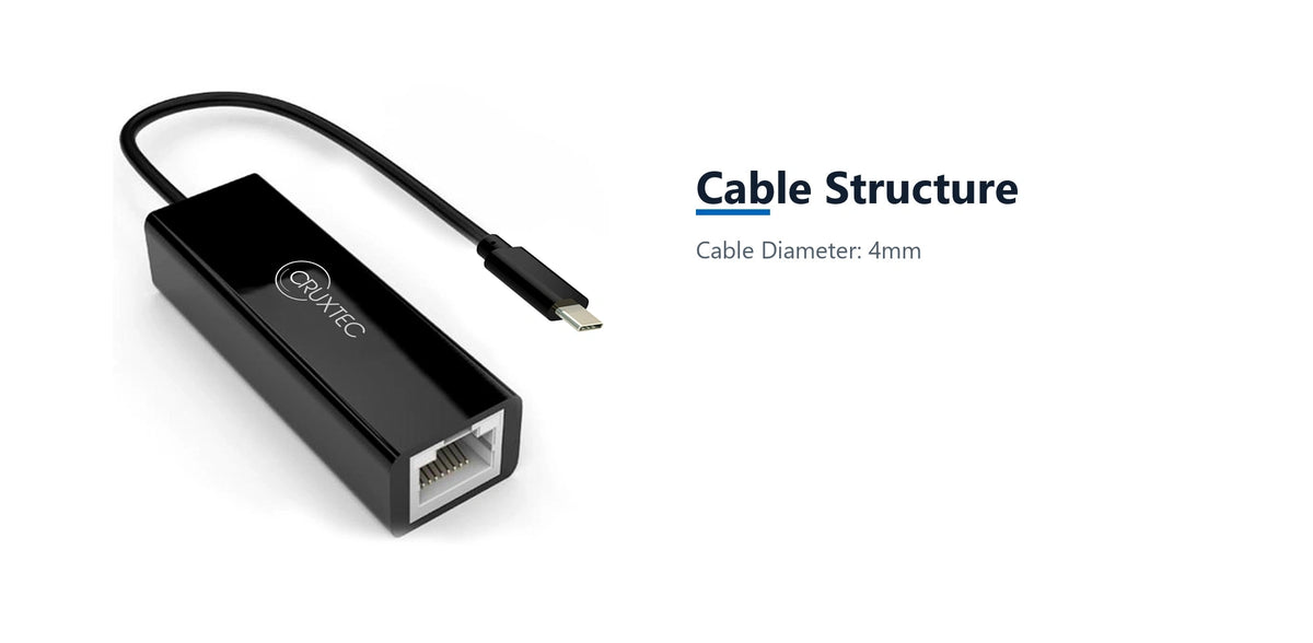 Cruxtec USB-C to RJ45 Gigabit Ethernet Network Adapter cable structure detail image with verified product information