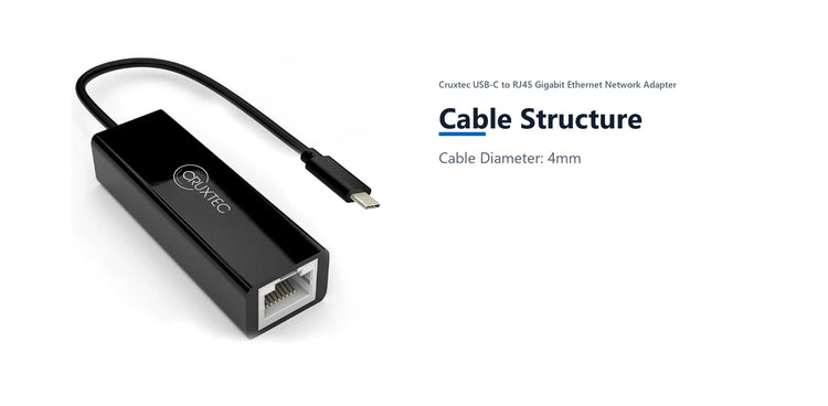 Cruxtec USB-C to RJ45 Gigabit Ethernet Network Adapter cable structure detail image with verified product information