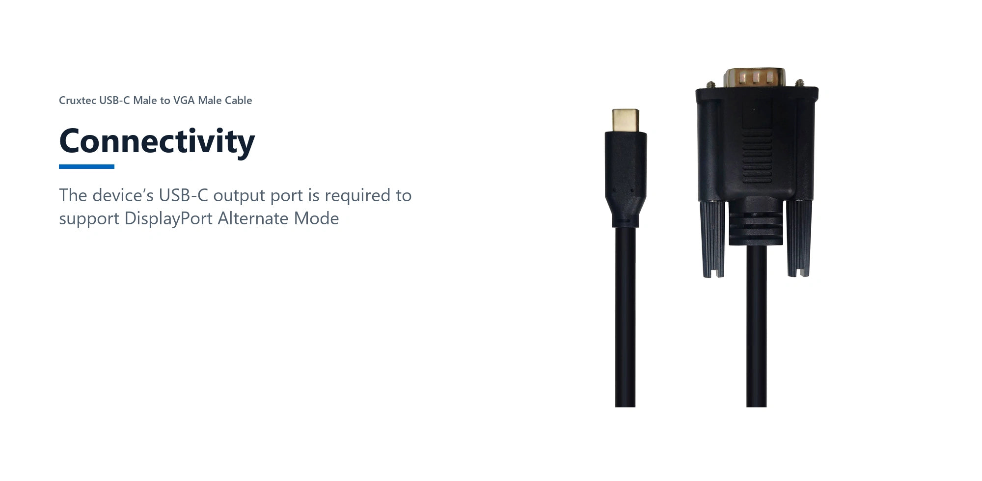 Cruxtec USB-C Male to VGA Male Cable (Black 2m) connectivity detail image with verified product information