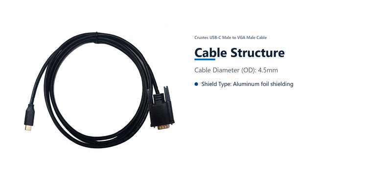 Cruxtec USB-C Male to VGA Male Cable (Black 2m) cable structure detail image with verified product information