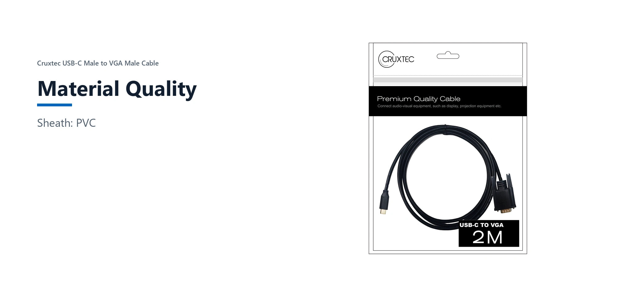 Cruxtec USB-C Male to VGA Male Cable (Black 2m) material quality detail image with verified product information