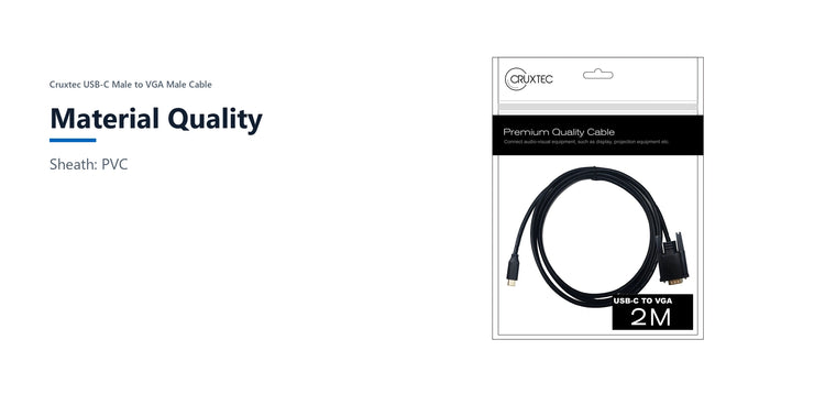 Cruxtec USB-C Male to VGA Male Cable (Black 2m) material quality detail image with verified product information