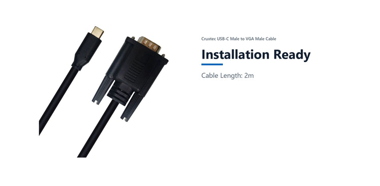 Cruxtec USB-C Male to VGA Male Cable (Black 2m) installation ready detail image with verified product information