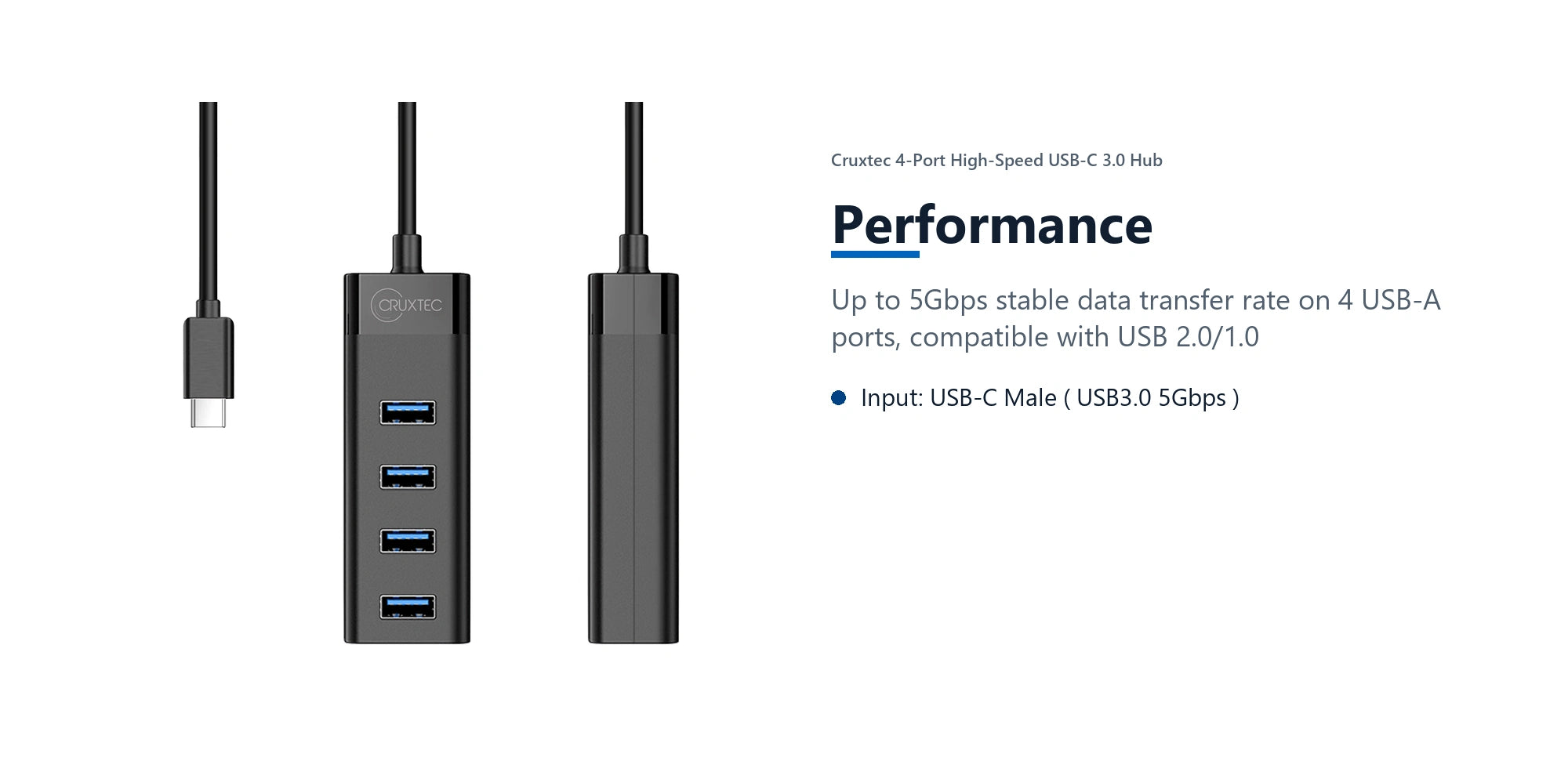 Cruxtec 4-Port High-Speed USB-C 3.0 Hub performance detail image with verified product information