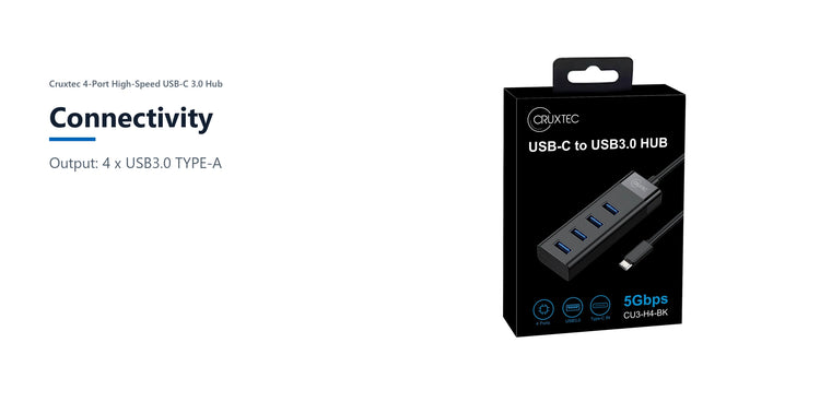 Cruxtec 4-Port High-Speed USB-C 3.0 Hub connectivity detail image with verified product information