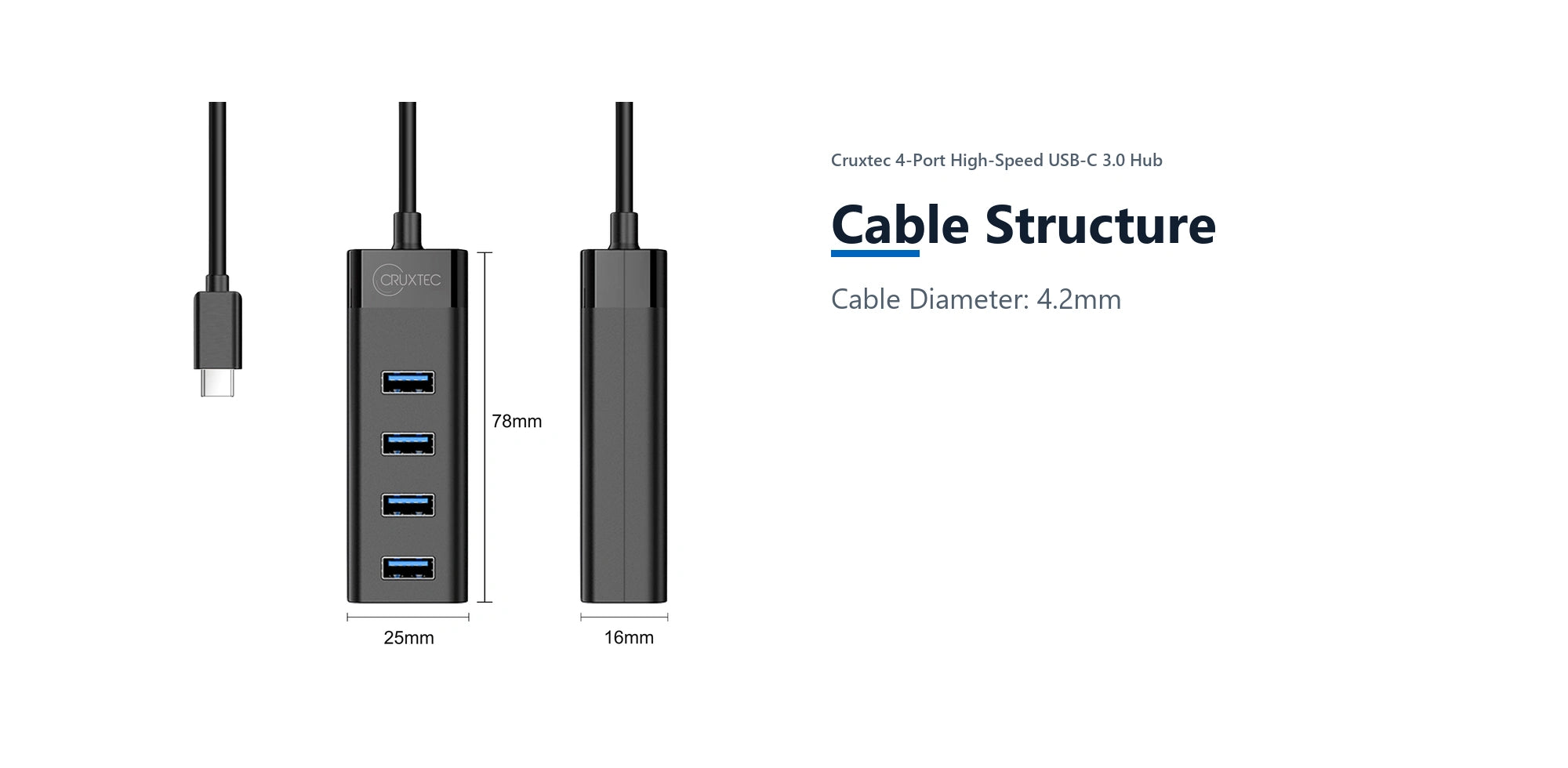Cruxtec 4-Port High-Speed USB-C 3.0 Hub cable structure detail image with verified product information