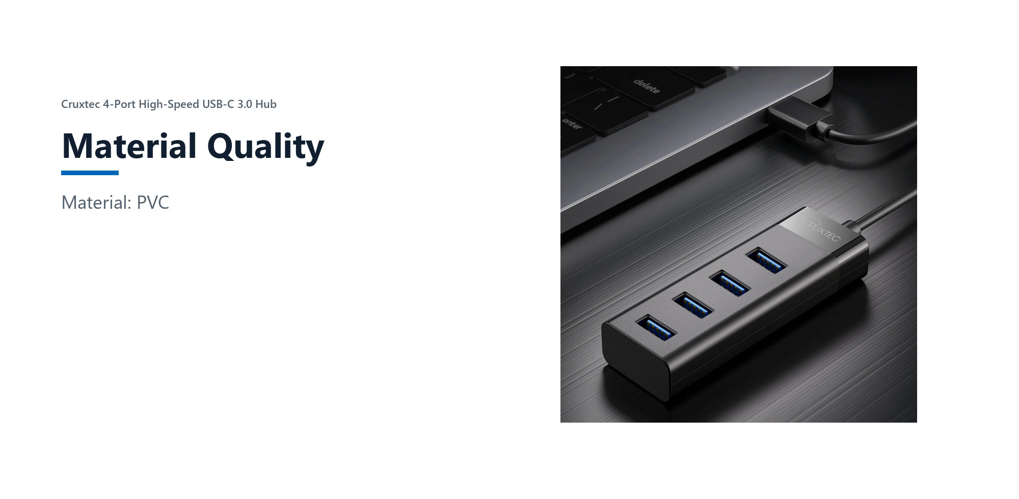Cruxtec 4-Port High-Speed USB-C 3.0 Hub material quality detail image with verified product information
