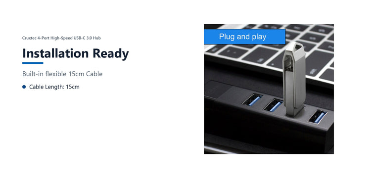Cruxtec 4-Port High-Speed USB-C 3.0 Hub installation ready detail image with verified product information