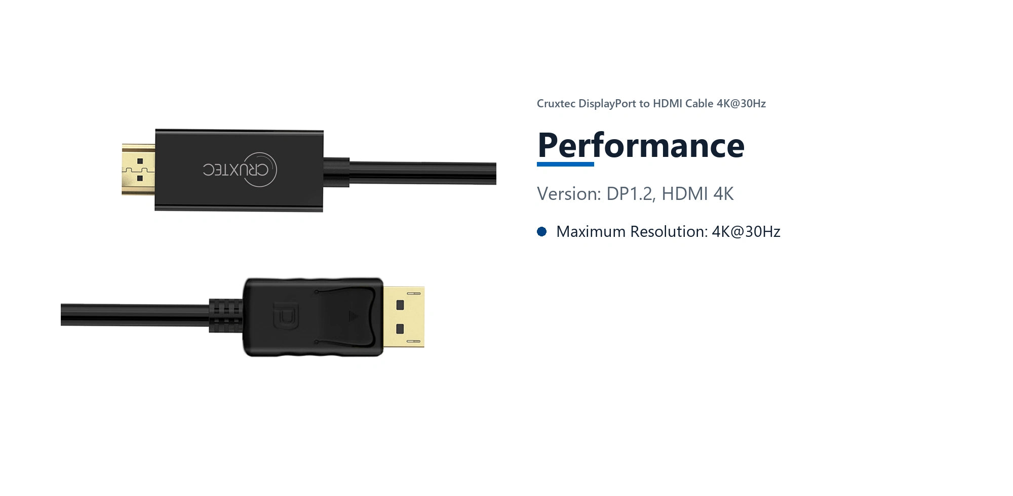 Cruxtec DisplayPort to HDMI Cable 4K@30Hz (Black 1m) performance detail image with verified product information