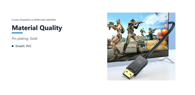 Cruxtec DisplayPort to HDMI Cable 4K@30Hz (Black 1m) material quality detail image with verified product information