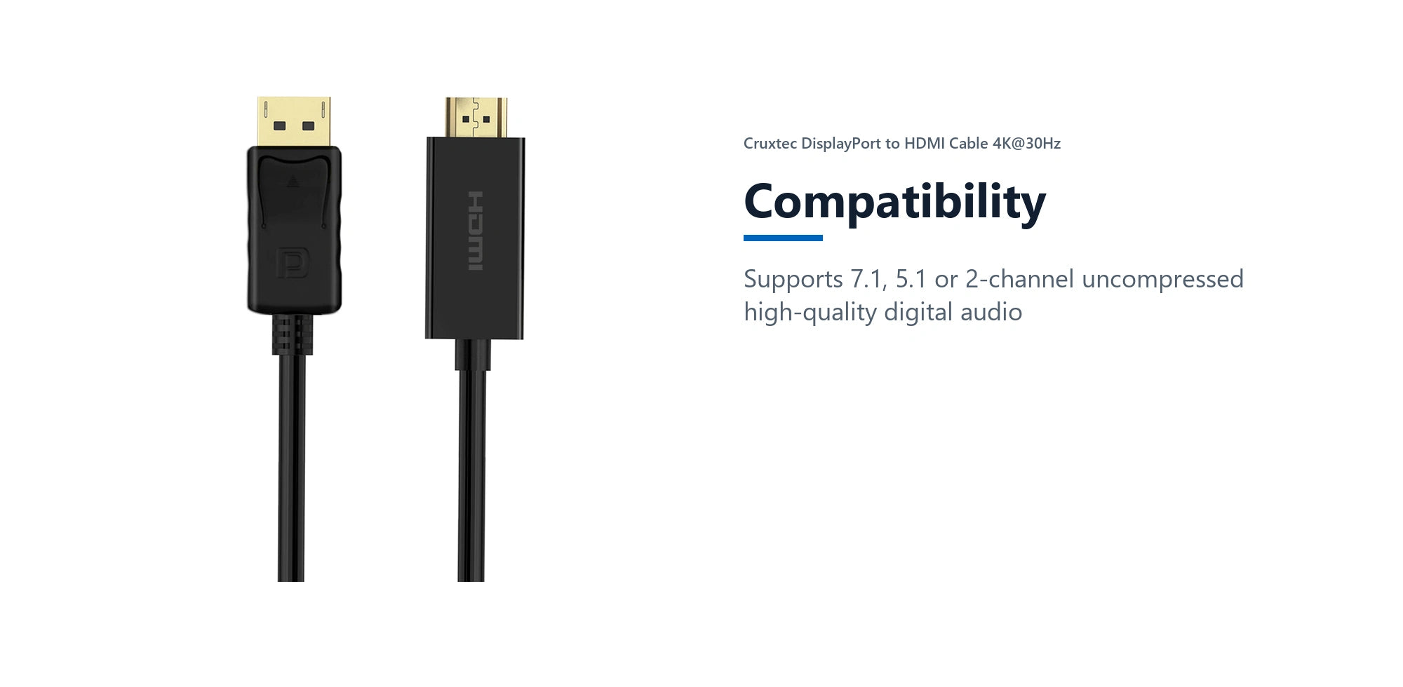 Cruxtec DisplayPort to HDMI Cable 4K@30Hz (Black 1m) compatibility detail image with verified product information