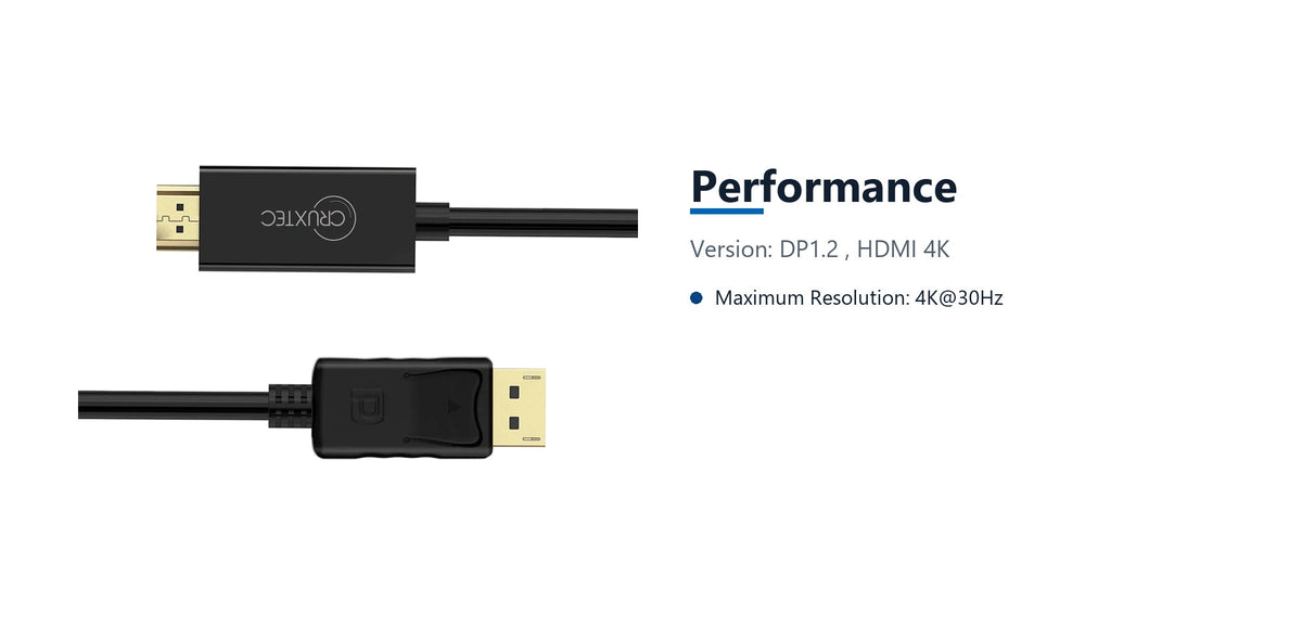 Cruxtec DisplayPort to HDMI Cable 4K@30Hz (Black 2m) performance detail image with verified product information