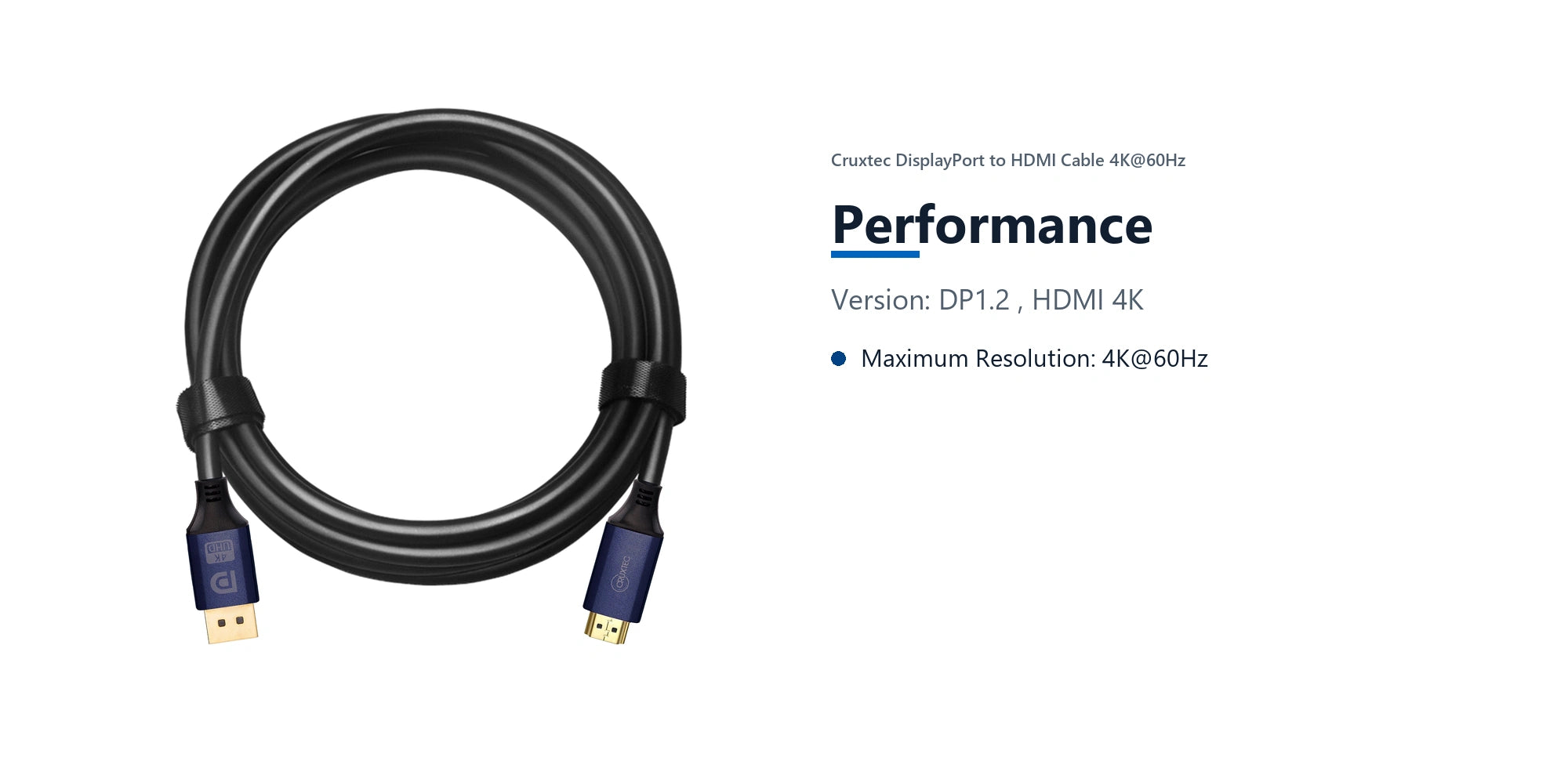 Cruxtec DisplayPort to HDMI Cable 4K@60Hz (Black 2m) performance detail image with verified product information
