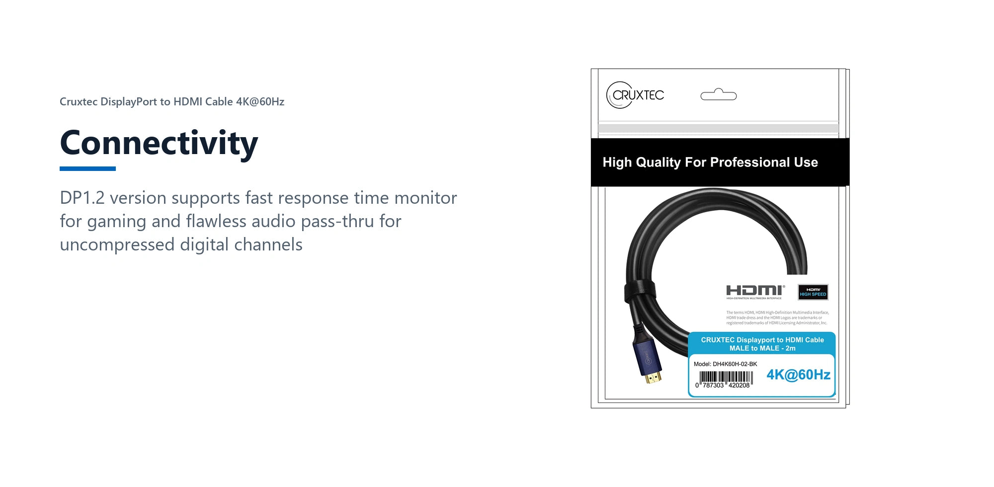 Cruxtec DisplayPort to HDMI Cable 4K@60Hz (Black 2m) connectivity detail image with verified product information