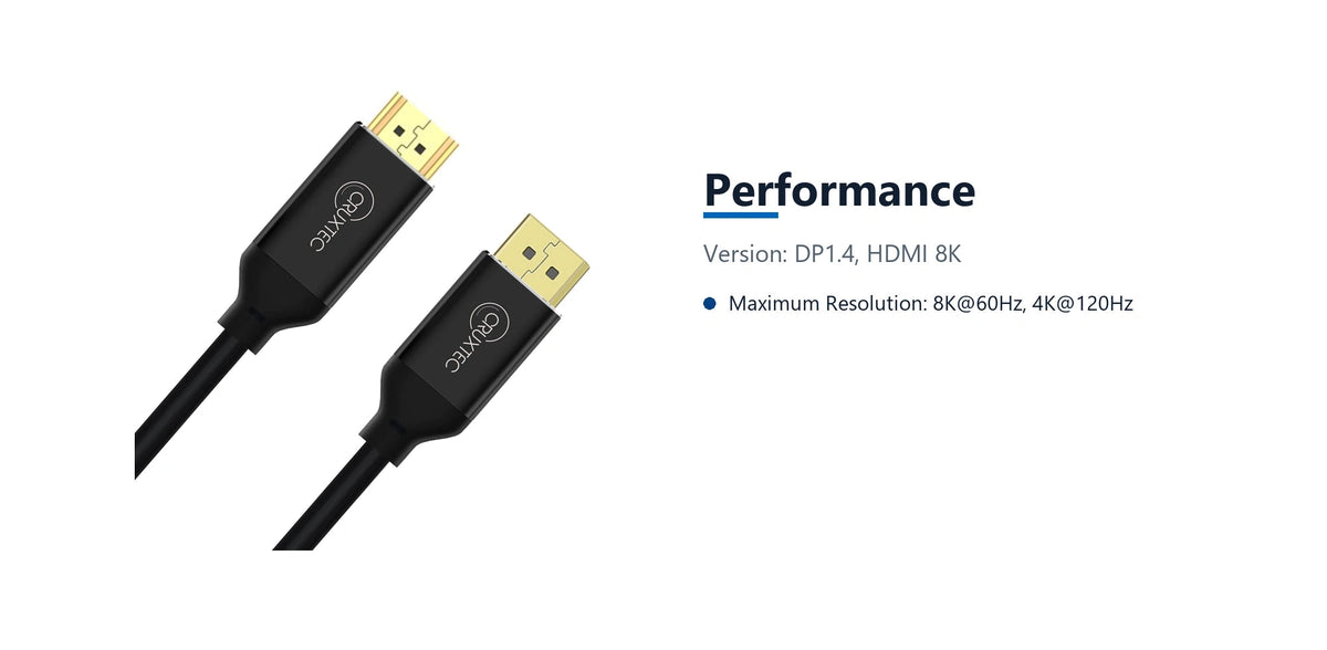 Cruxtec DisplayPort to HDMI Cable 8K@60Hz / 4K@120Hz (Black 2m) performance detail image with verified product information