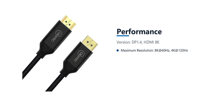 Cruxtec DisplayPort to HDMI Cable 8K@60Hz / 4K@120Hz (Black 2m) performance detail image with verified product information