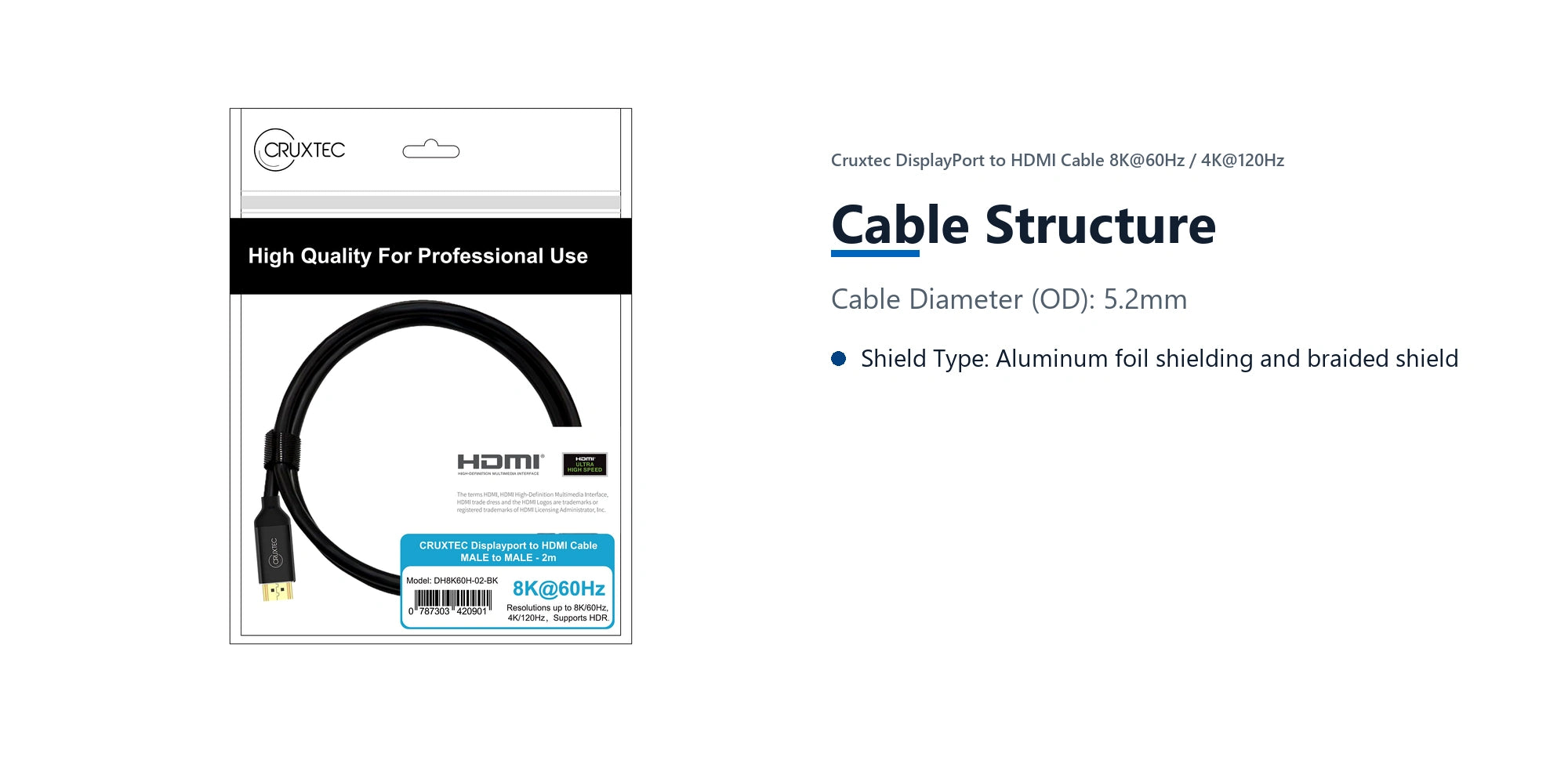 Cruxtec DisplayPort to HDMI Cable 8K@60Hz / 4K@120Hz (Black 2m) cable structure detail image with verified product information