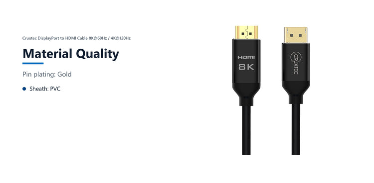 Cruxtec DisplayPort to HDMI Cable 8K@60Hz / 4K@120Hz (Black 2m) material quality detail image with verified product information