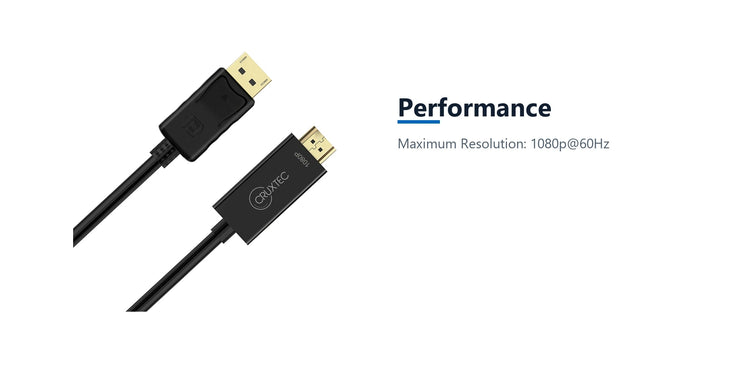Cruxtec DisplayPort Male to HDMI Male FHD Cable (Black 2m) performance detail image with verified product information