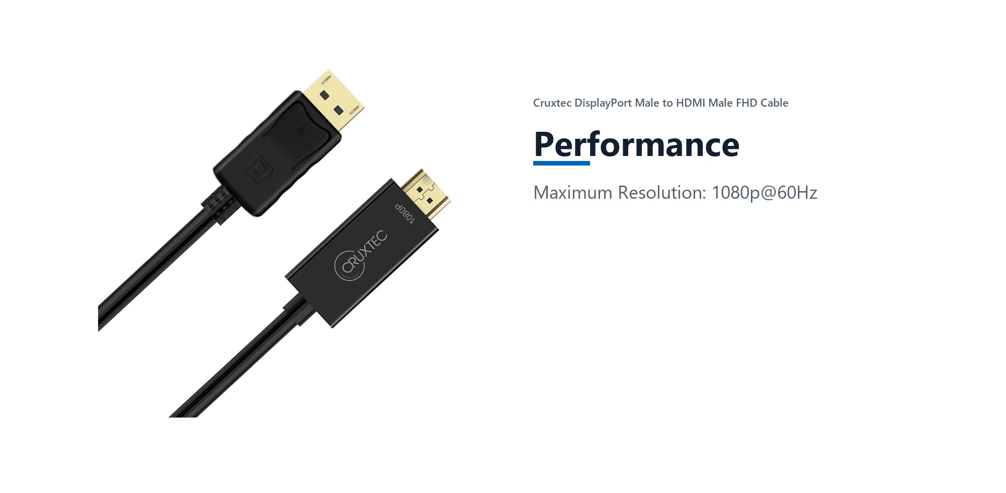 Cruxtec DisplayPort Male to HDMI Male FHD Cable (Black 2m) performance detail image with verified product information