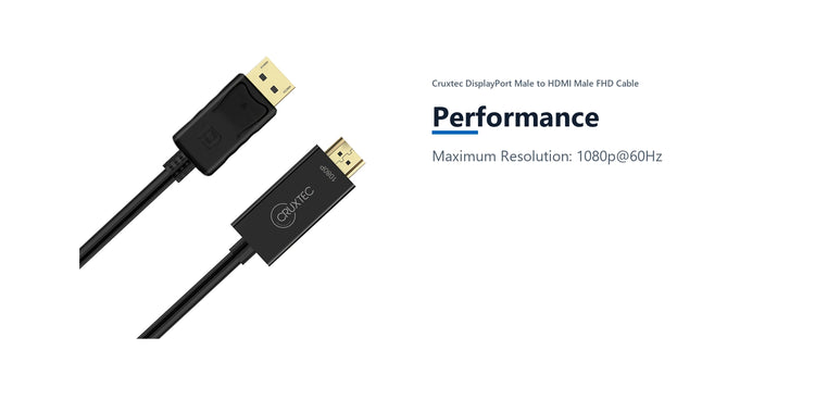 Cruxtec DisplayPort Male to HDMI Male FHD Cable (Black 2m) performance detail image with verified product information