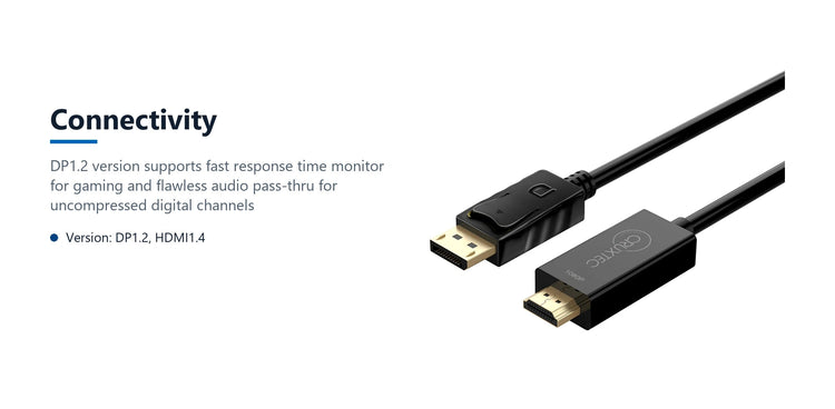 Cruxtec DisplayPort Male to HDMI Male FHD Cable (Black 2m) connectivity detail image with verified product information