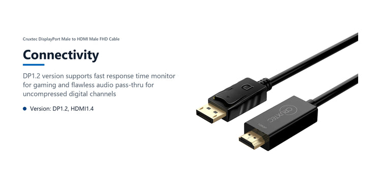 Cruxtec DisplayPort Male to HDMI Male FHD Cable (Black 2m) connectivity detail image with verified product information