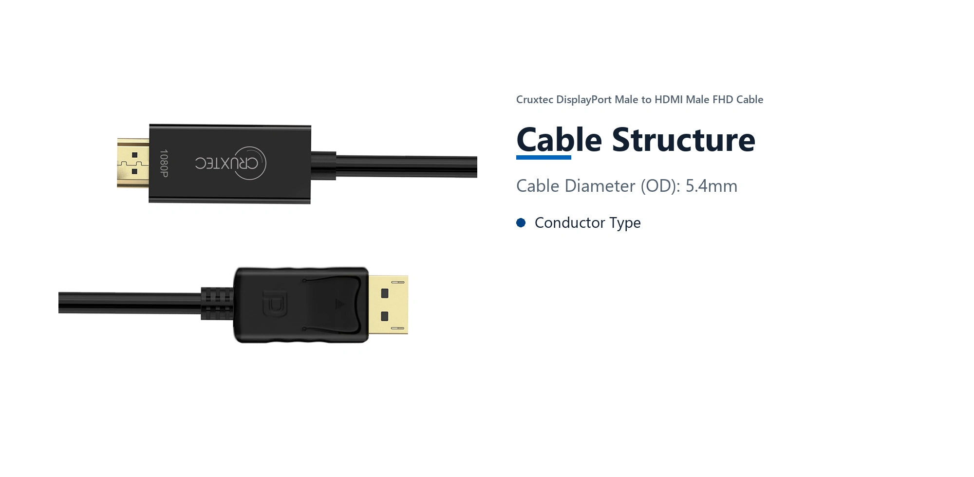 Cruxtec DisplayPort Male to HDMI Male FHD Cable (Black 2m) cable structure detail image with verified product information