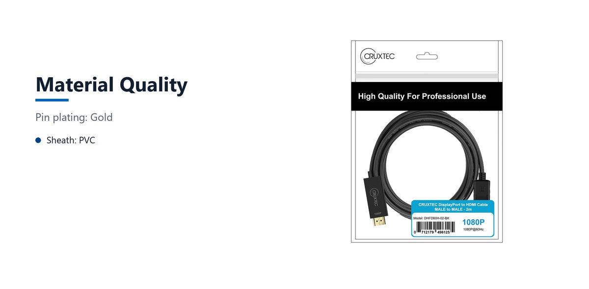 Cruxtec DisplayPort Male to HDMI Male FHD Cable (Black 2m) material quality detail image with verified product information