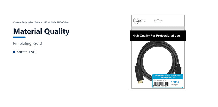 Cruxtec DisplayPort Male to HDMI Male FHD Cable (Black 2m) material quality detail image with verified product information