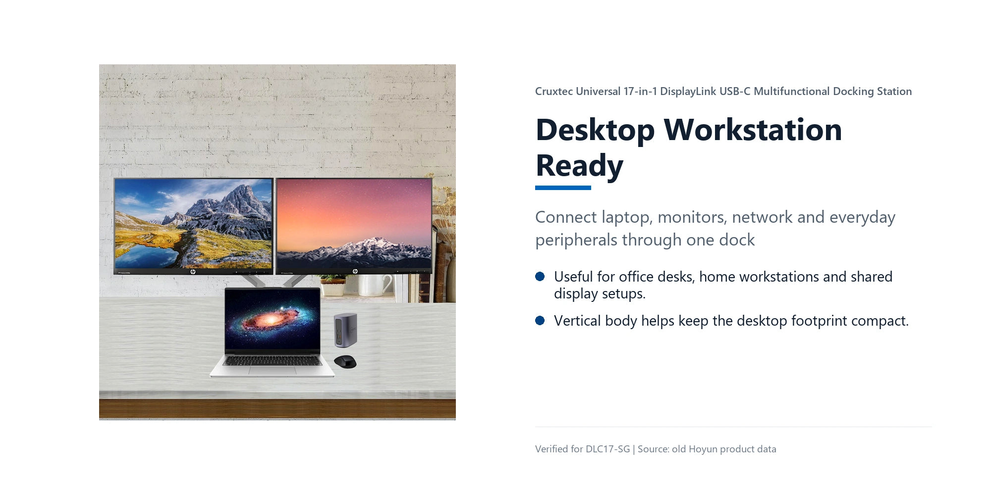 Cruxtec Universal 17-in-1 DisplayLink USB-C Multifunctional Docking Station desktop workstation application detail image with verified product information