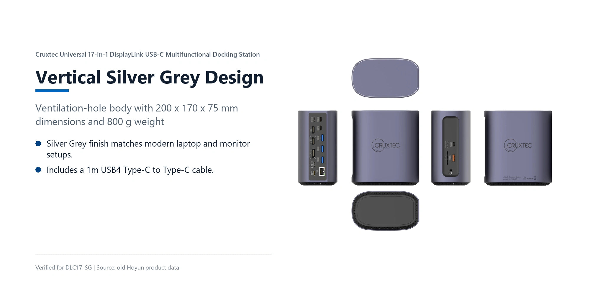 Cruxtec Universal 17-in-1 DisplayLink USB-C Multifunctional Docking Station vertical silver grey product design detail image with verified product information