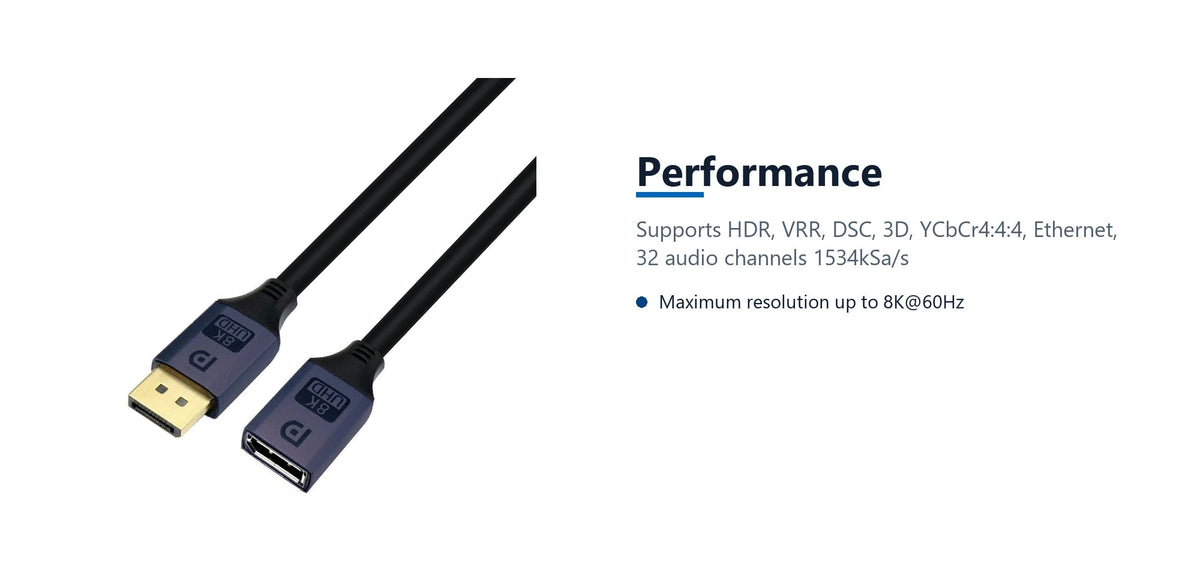 Cruxtec DisplayPort 1.4 Male to Female Extension Cable 8K@60Hz / 4K@120Hz (Black 1m) performance detail image with verified product information