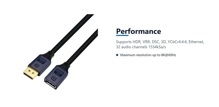 Cruxtec DisplayPort 1.4 Male to Female Extension Cable 8K@60Hz / 4K@120Hz (Black 1m) performance detail image with verified product information